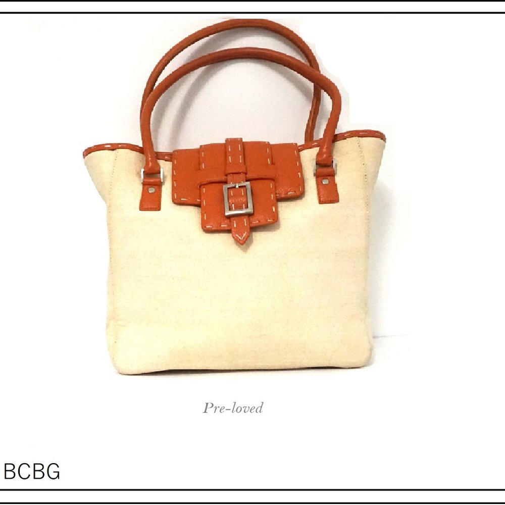 BCBG Maxazria Orange/Cream Leather/Canvas Tote